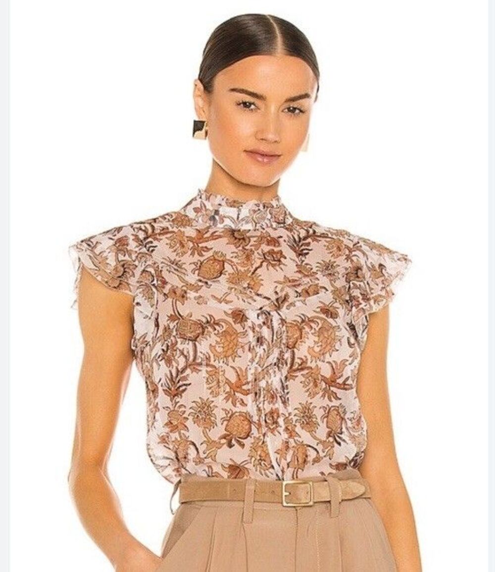 Veronica Beard Luciana Silk Metallic Floral Ruffle Blouse Womens 4 Blush Multi